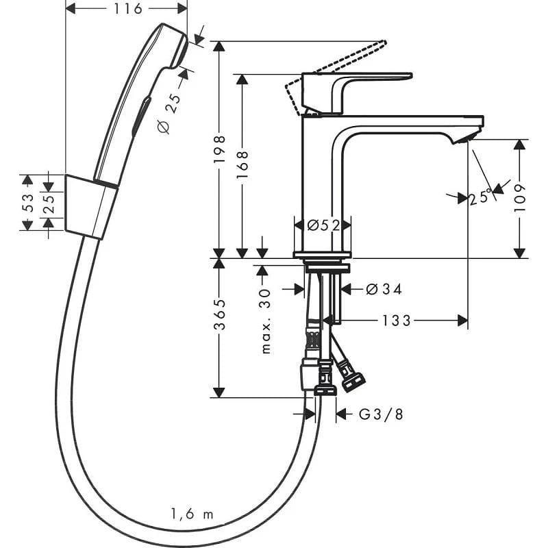 Смеситель для раковины hansgrohe Rebris S 72215670 с гигиеническим душем черный матовый