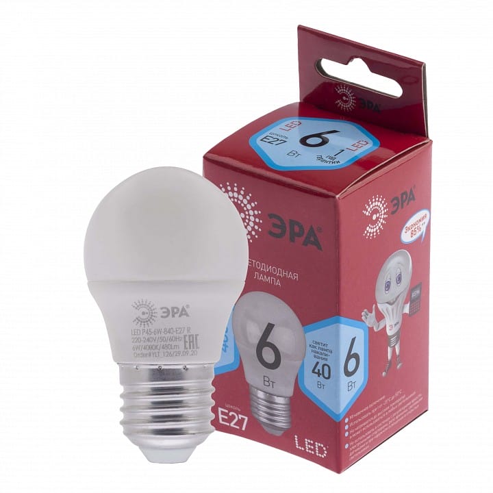 Лампа светодиодная Эра  E27 6Вт 4000K LED P45-6W-840-E27 R