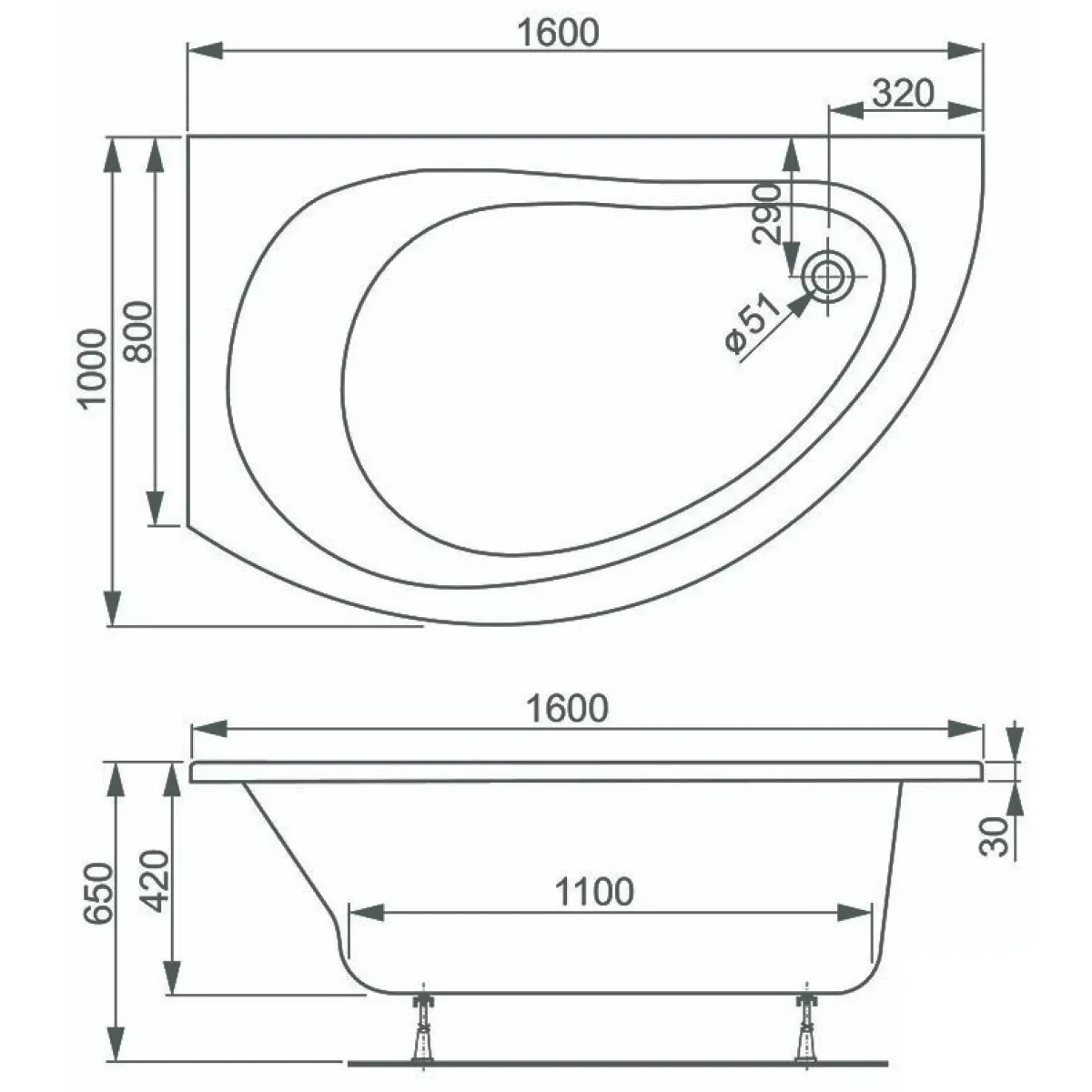 Акриловая ванна 160x100 см R Vagnerplast Corona VPBA168CRN3PX-04