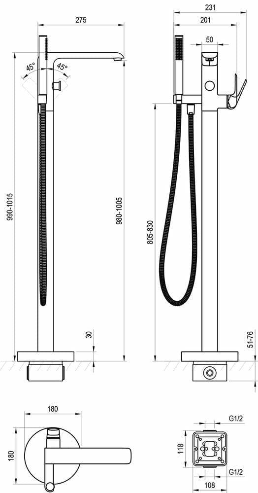 Напольный смеситель для ванны Ravak Flat FL 080.00CR X070440 с лейкой