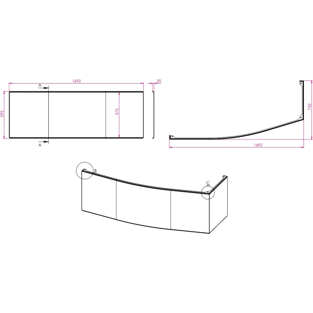 Панель фронтально-торцевая 169,2x74,2 см Astra-Form Скат 02010003