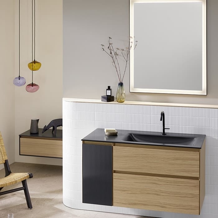 Тумба с раковиной Burgbad Accura 112 SGVI111R F6077 C0038 левая натуральный дуб/антрацит/черный матовый