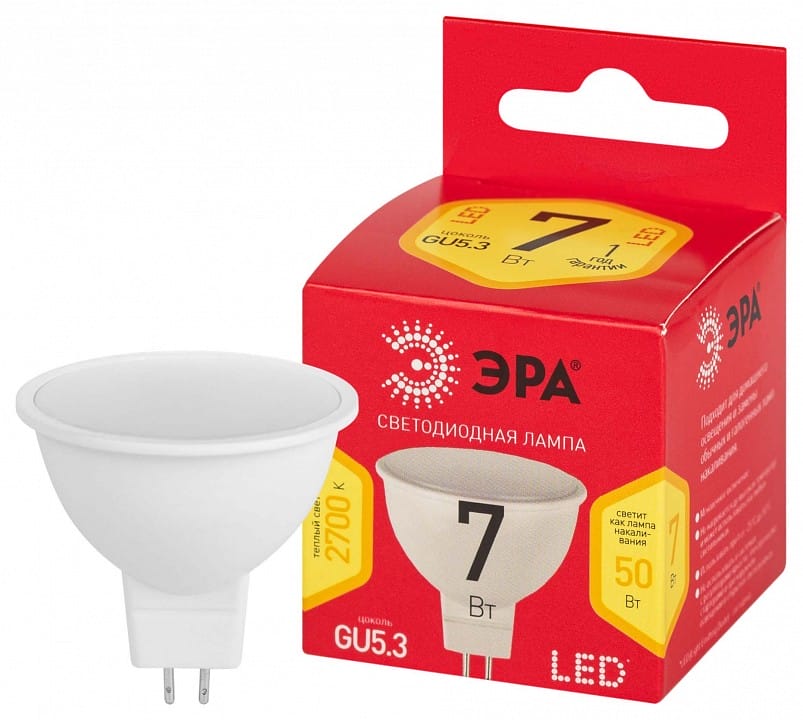Лампа светодиодная Эра  GU5.3 7Вт 2700K LED MR16-7W-827-GU5.3 R