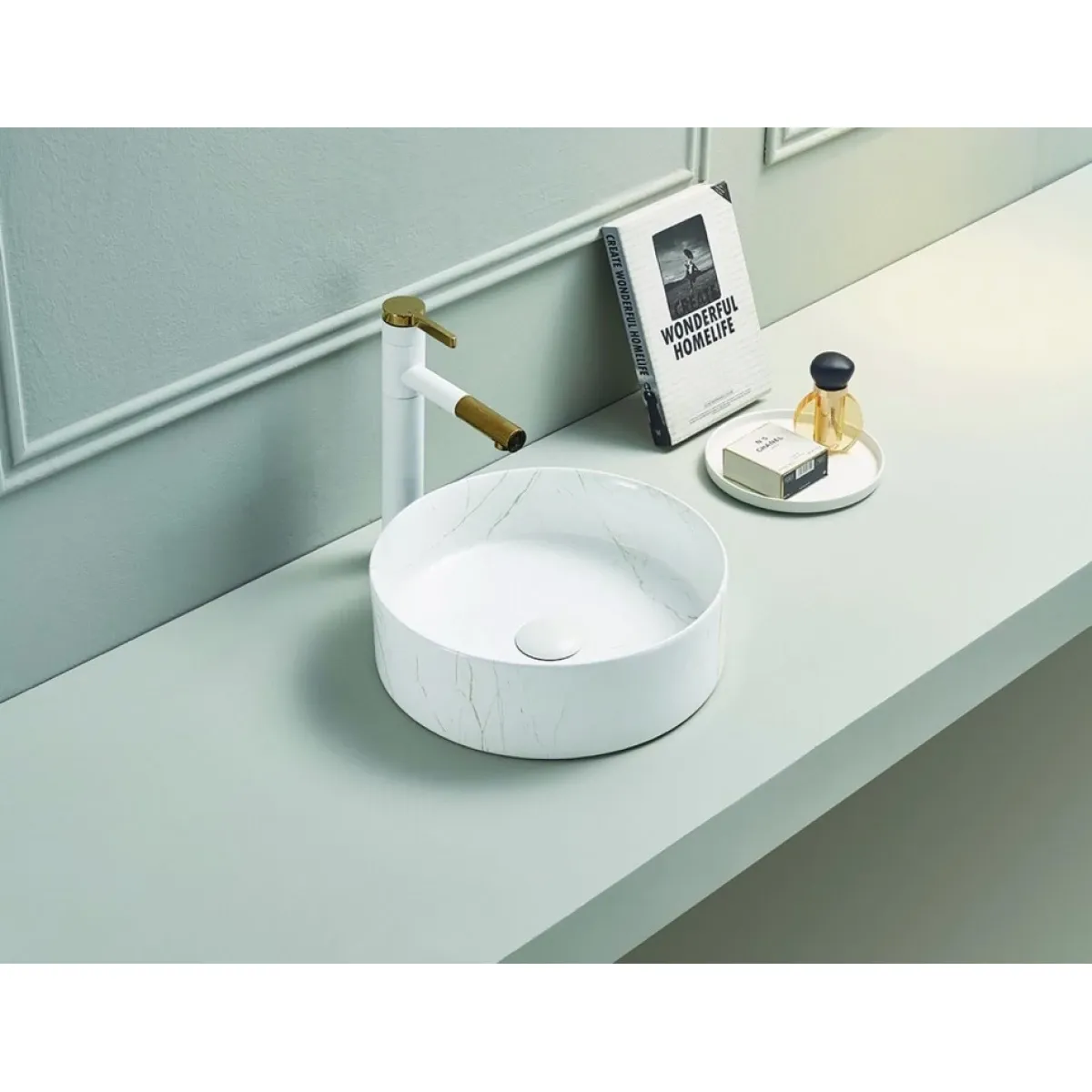Раковина-чаша CeramaLux C1112 36,5x36,5 см, накладная, белый мрамор