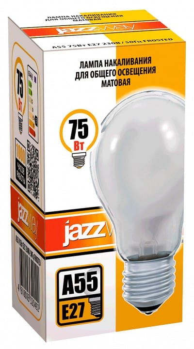 Лампа накаливания Jazzway  E27 75Вт 2700K A55 240V 75W E27 frosted