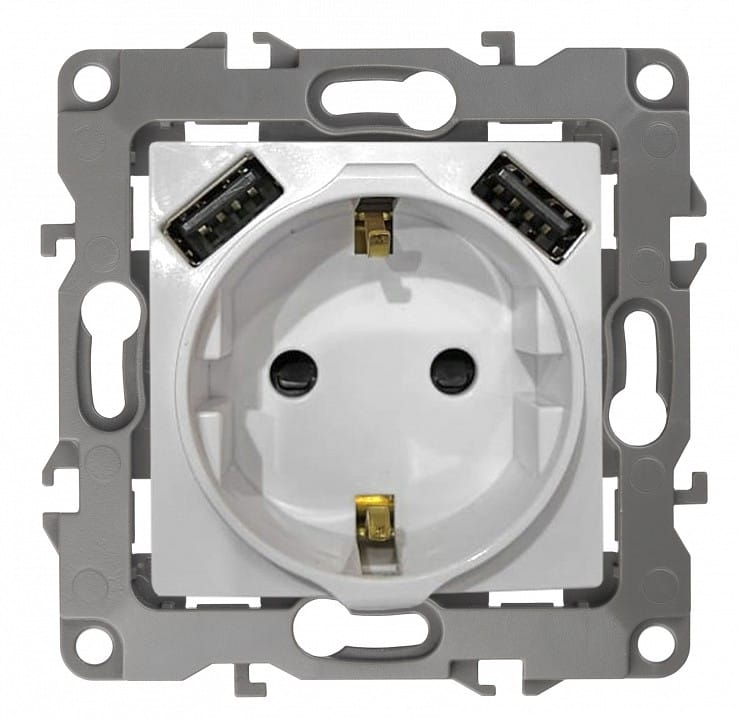Розетка с заземлением и со шторкой и 2хUSB, без рамки Эра Эра 12 12-4109-01