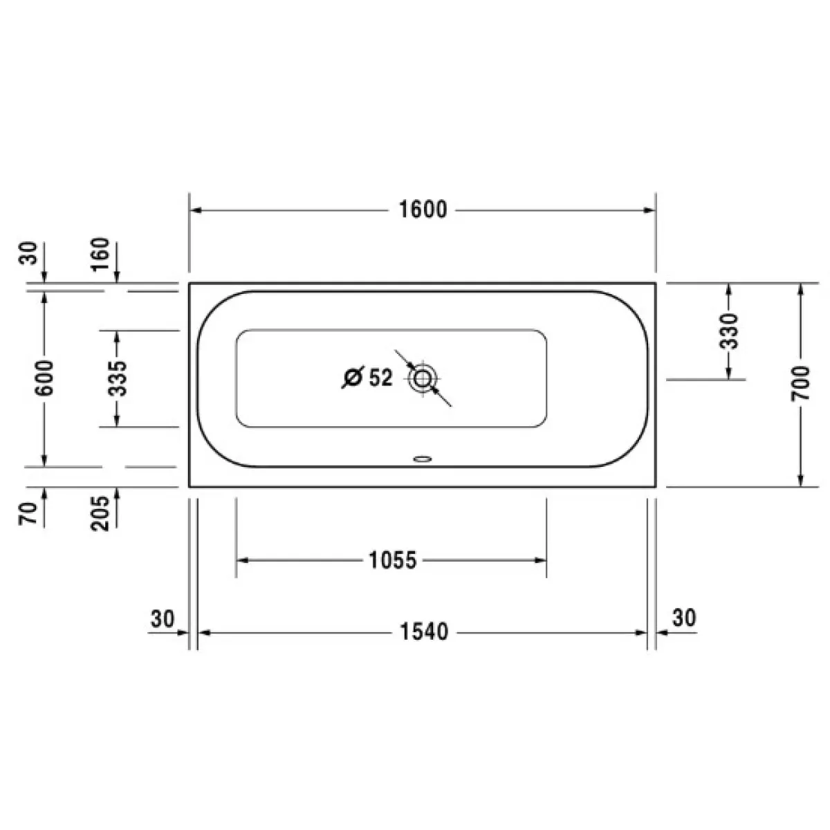 Акриловая ванна 160x70 см R Duravit Happy D.2 700309000000000