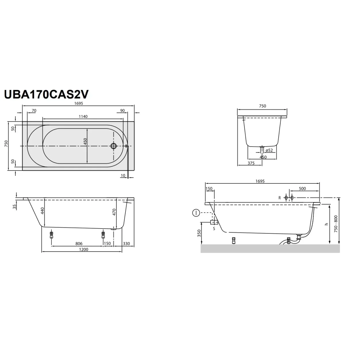 Акриловая ванна 169,5x75 см альпийский белый Villeroy & Boch O.Novo UBA170CAS2V-01+U99740000