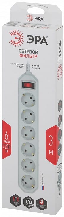 Удлинитель с выключателем Эра  USF-6es-3m-W-BOX