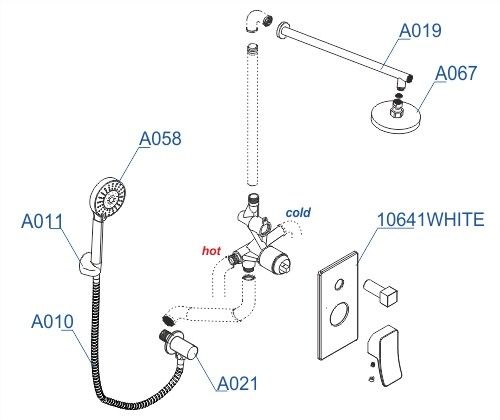 A16067W Встраиваемый комплект для душа с верхней душевой насадкой и лейкой