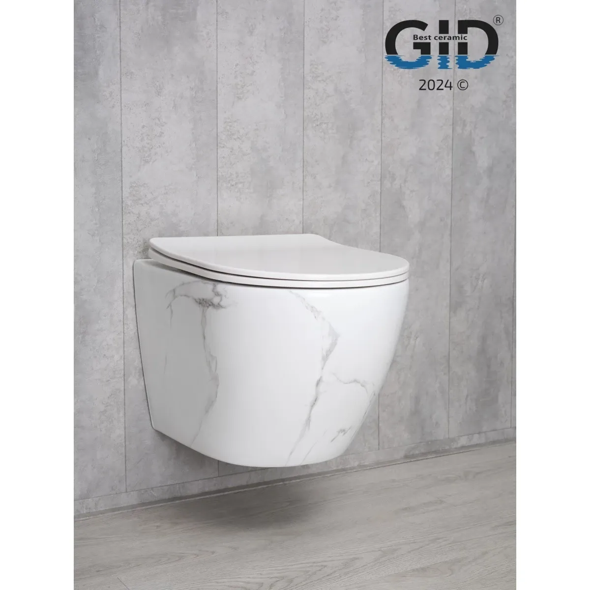 Унитаз подвесной GID Ws2198 (СС) безободковый, с сиденьем микролифт, белый мрамор