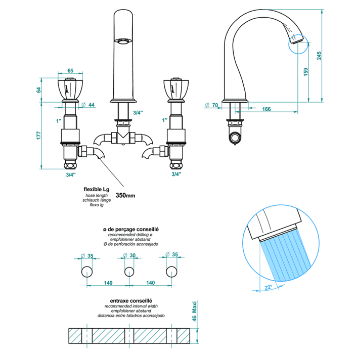 Смеситель для ванны THG Ptale de Cristal bleu U6B.F01.25SG золото
