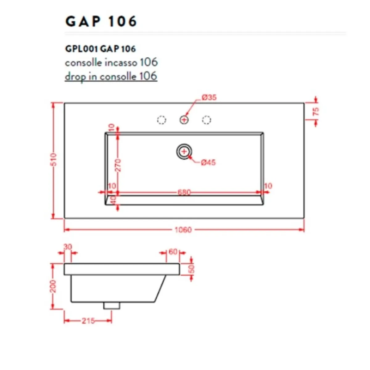 Раковина 106x51 см Artceram Gap GPL001 01 00 bi*1