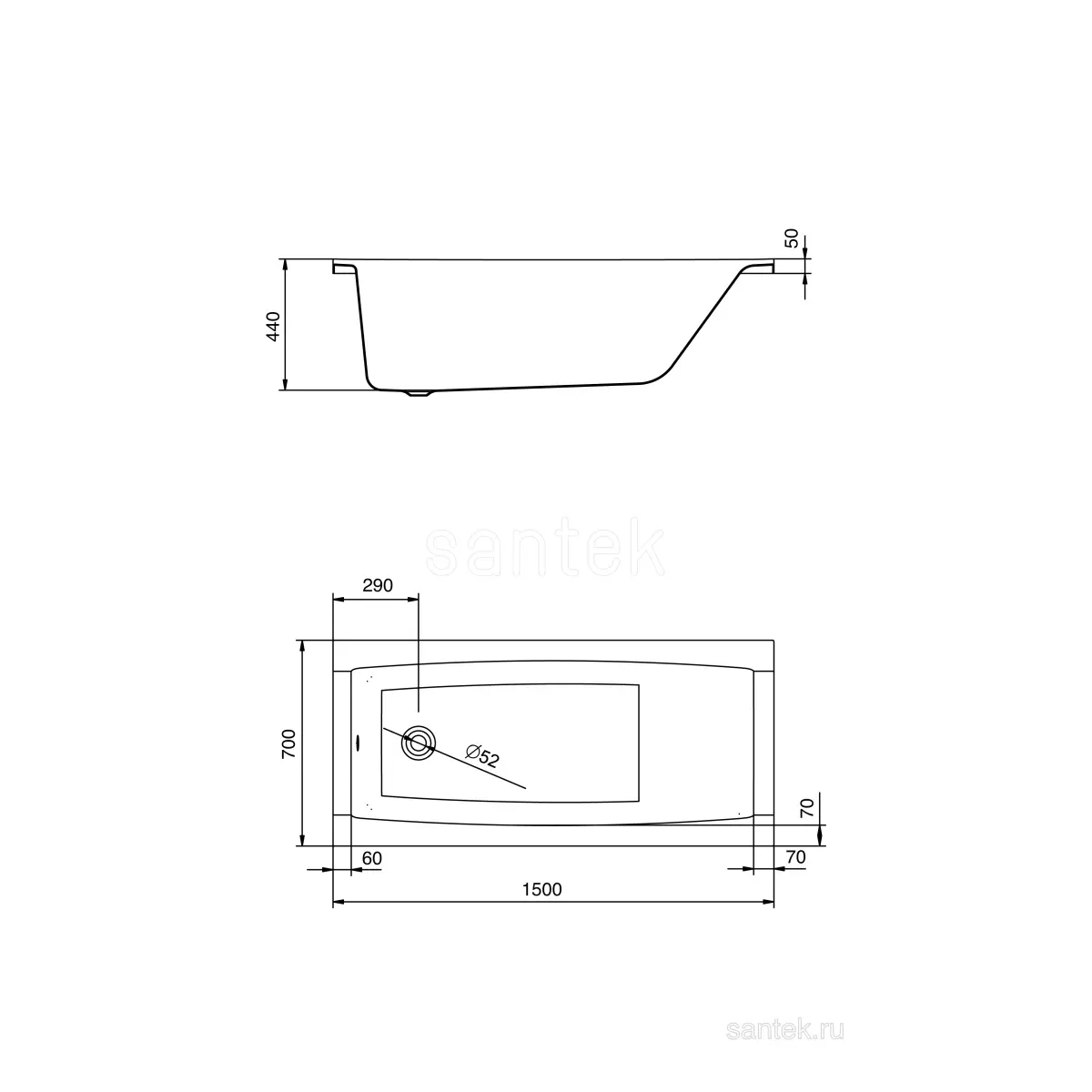 Акриловая ванна 150x70 см Santek Санторини 1.WH30.2.497