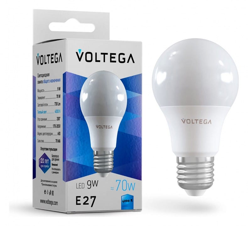 Лампа светодиодная Voltega груша (General purpose bulb) 9Вт E27 9Вт 4000K 8443