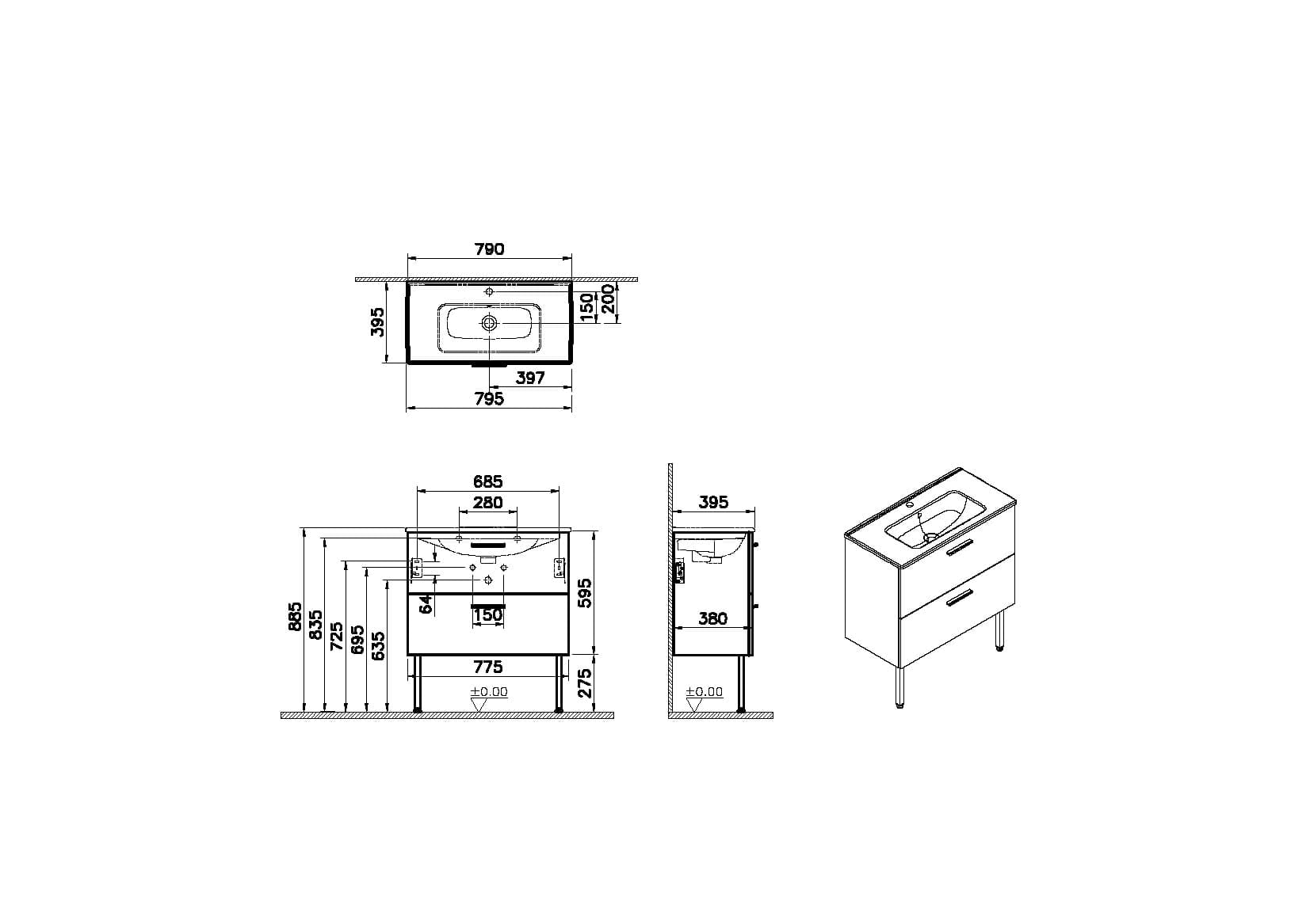 Тумба с раковиной Vitra Mia 80 67273 золотой дуб