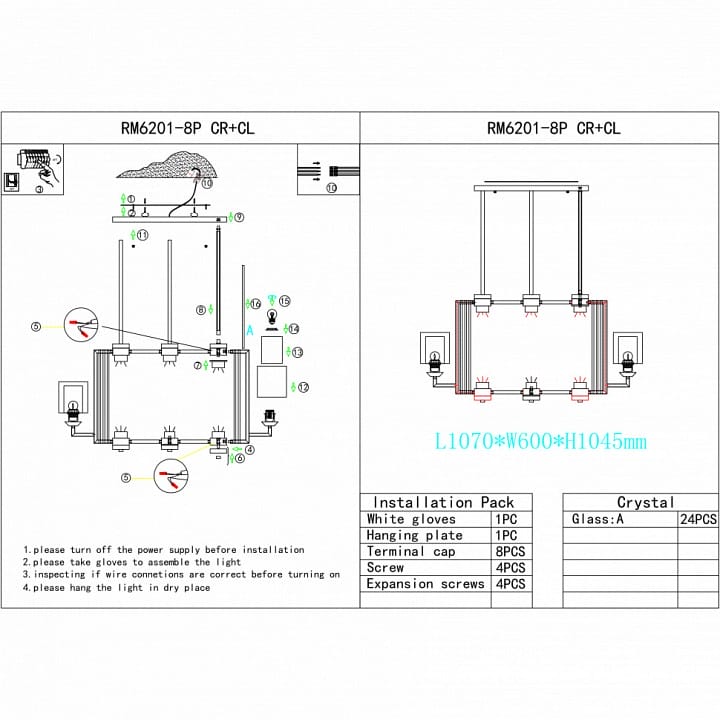 Люстра на штанге iLamp King RM6201-8P CR+CL