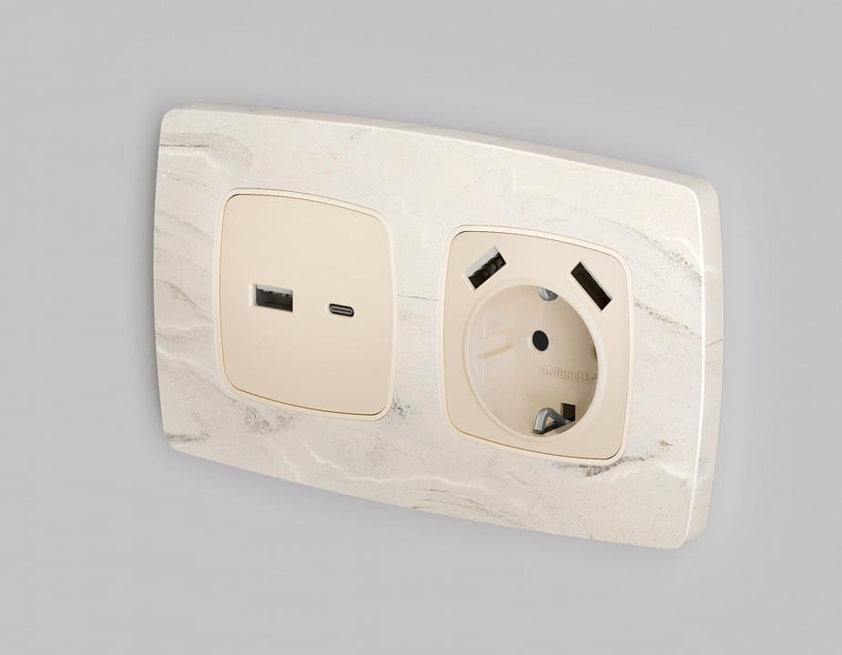 Накладка для розетки с заземлением и со шторками и 2хUSB type A Ambrella Volt OMEGA OP3090