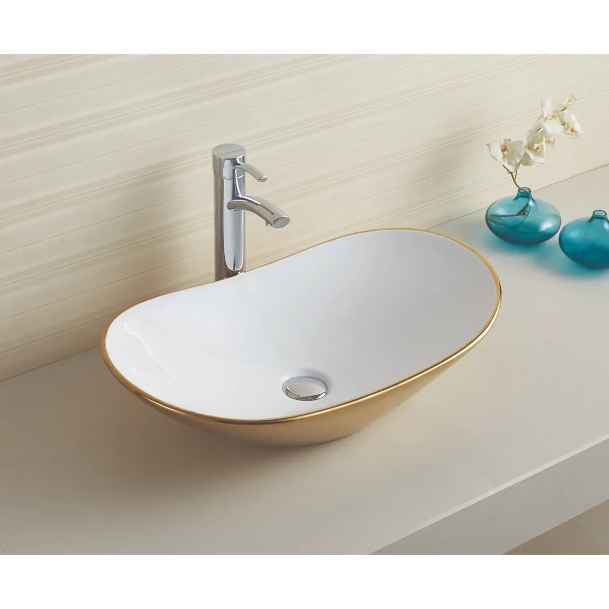 Раковина-чаша CeramaLux 7811AJW 61,5x36 см, накладная, белый/золото