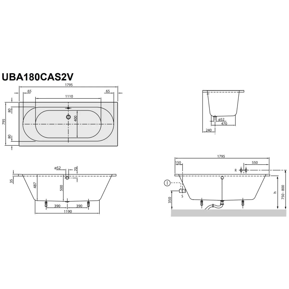 Акриловая ванна 179,5x79,5 см альпийский белый Villeroy & Boch O.Novo UBA180CAS2V-01+U99740000