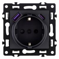 Розетка с заземлением и со шторкой и 2хUSB type A и C, без рамки Kollinger Asthetik AS-016BK
