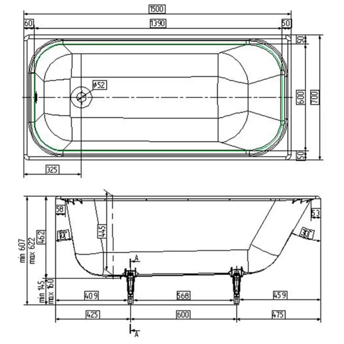 Ванна чугунная Wotte Start 1500x700UR 150x70 см, с отверстиями под ручки, белый