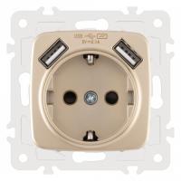 Розетка с заземлением и со шторкой и 2хUSB без рамки Arte Milano am-205 205.47-1.shampan
