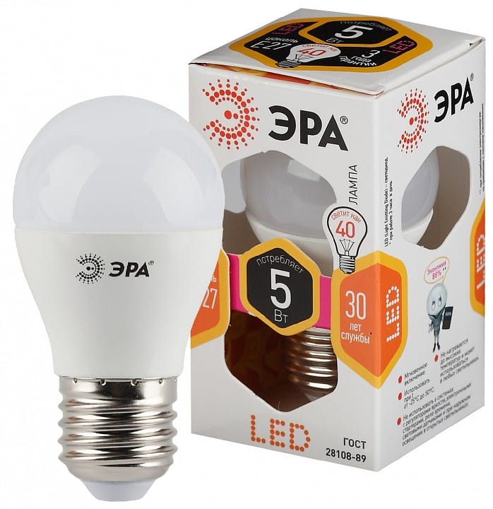 Лампа светодиодная Эра Стандарт E27 5Вт 2700K LED P45-5W-827-E27