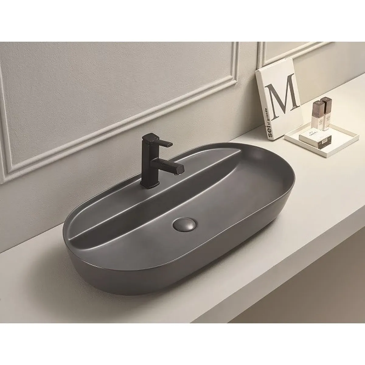 Раковина-чаша CeramaLux 78325MDH 81,5x41 см, накладная, серый матовый