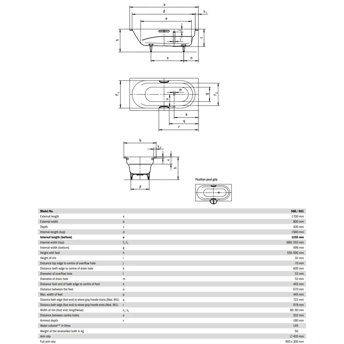 Ванна стальная Kaldewei Vaio 960 234000013001 170x80 см, с водоотталкивающим покрытием, альпийский белый