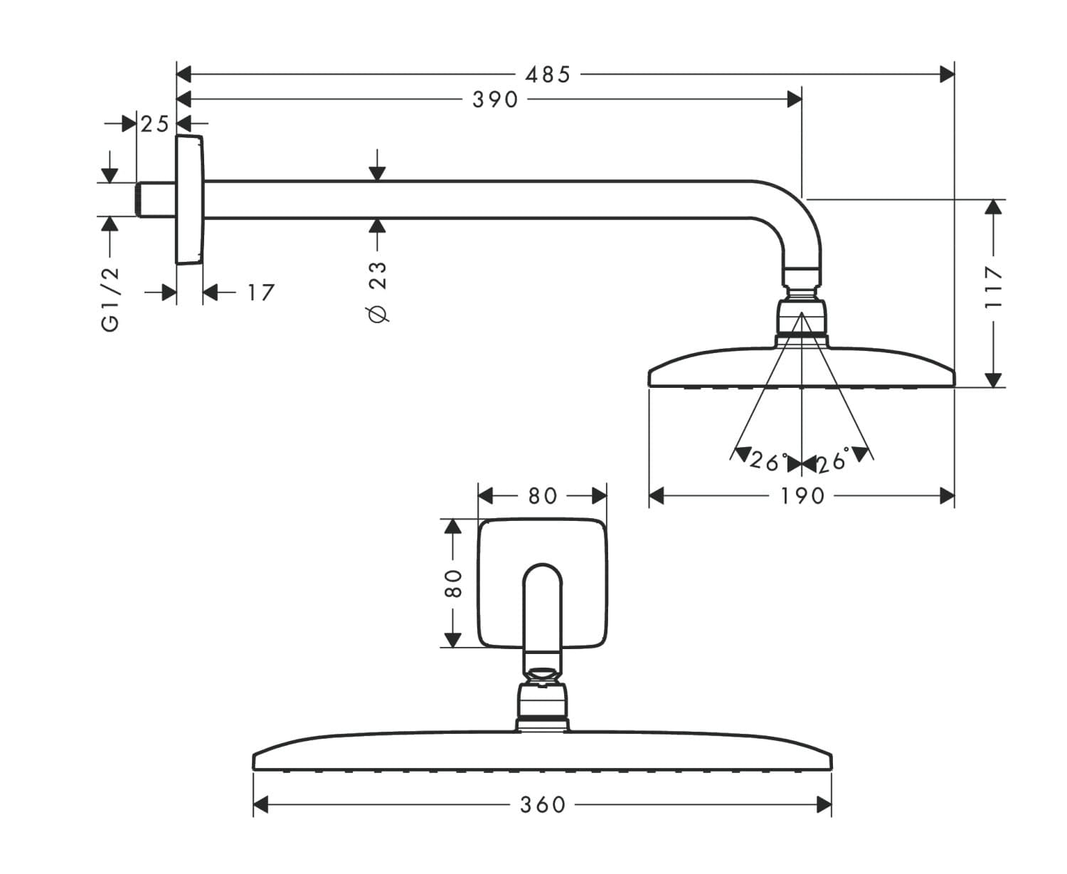 Верхний душ hansgrohe Raindanc 360 1jet EcoSmart 26605000 9 л/мин с держателем хром