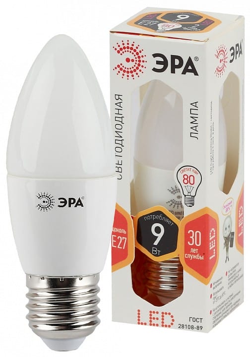 Лампа светодиодная Эра Стандарт E27 9Вт 2700K LED B35-9W-827-E27