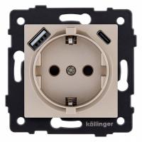Розетка с заземлением и со шторкой и 2хUSB type A и C, без рамки Kollinger  REA-004GD