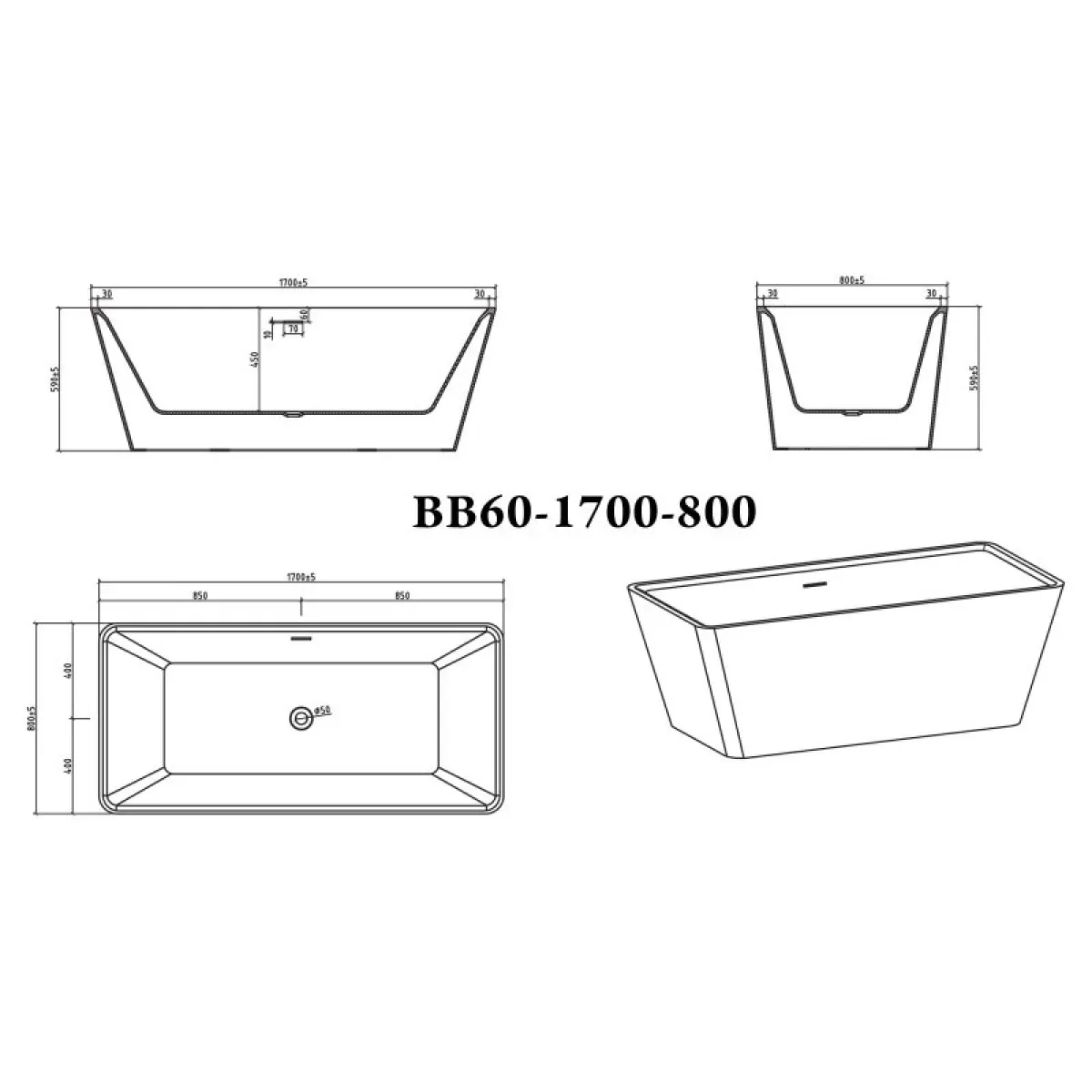 Акриловая ванна BelBagno BB60-1700-800 170x80 см, отдельностоящая, белый