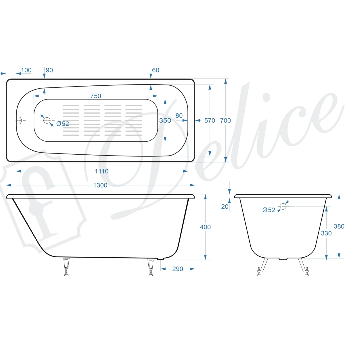 Ванна чугунная Delice Continental DLR230641-AS 130x70 см, с антискользящим покрытием, белый