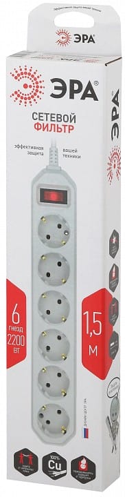 Удлинитель с выключателем Эра  USF-6es-1,5m-W-BOX