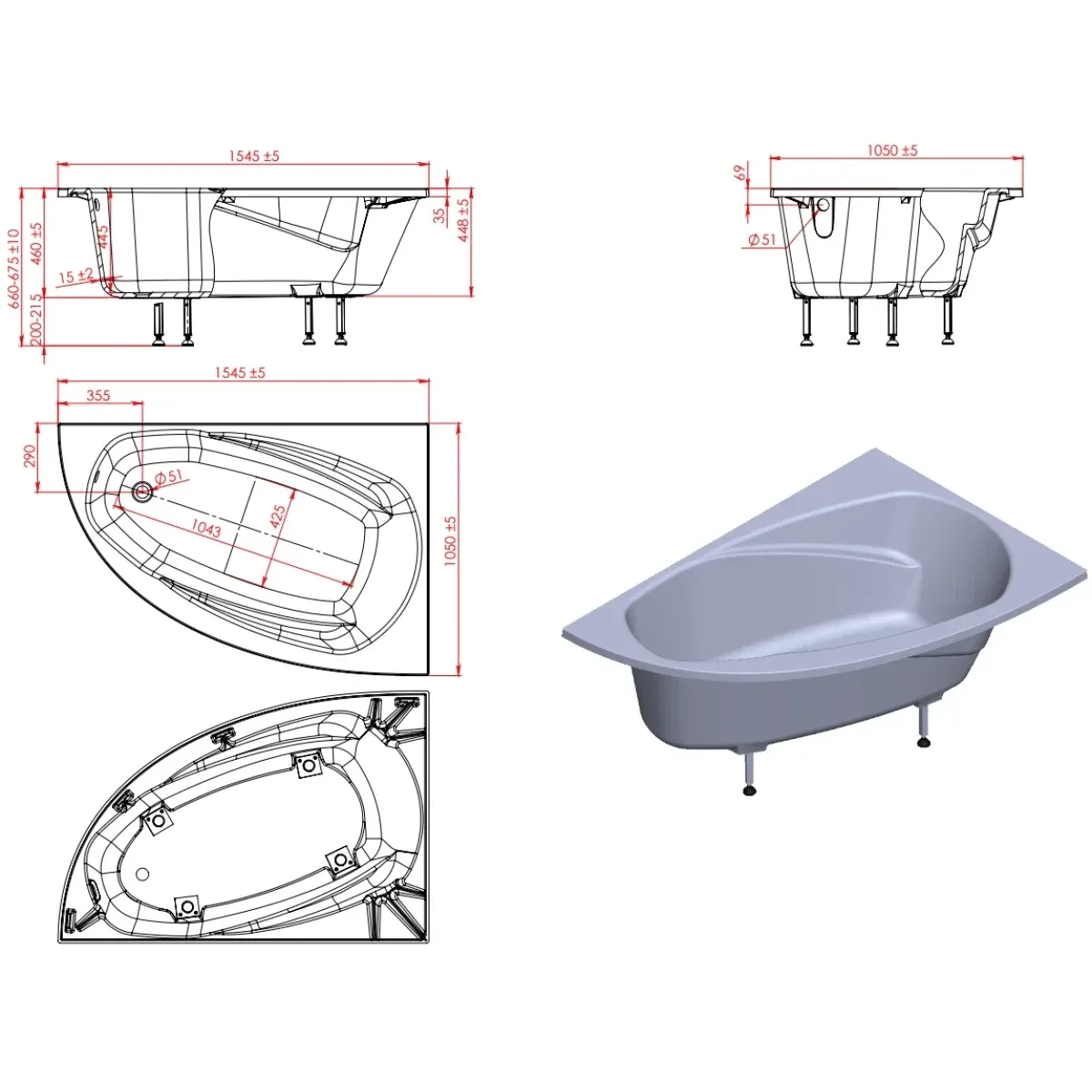 Ванна из литьевого мрамора Astra-Form Тиора Solid Surface 01010085 154,5x105 см R, угловая, белый матовый