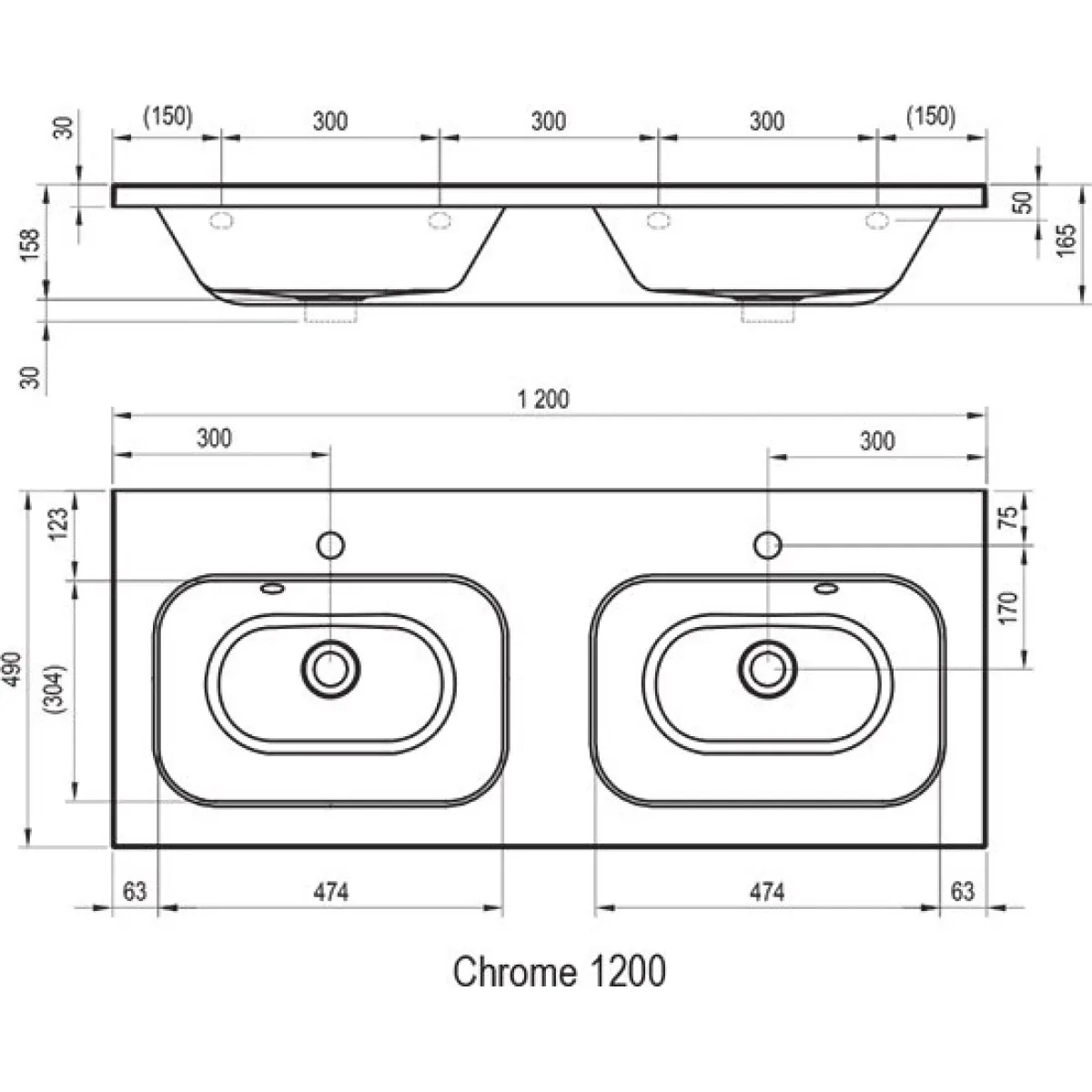 Умывальник двойной 120 см Ravak Chrome 1200 со скрытым переливом XJG01212000