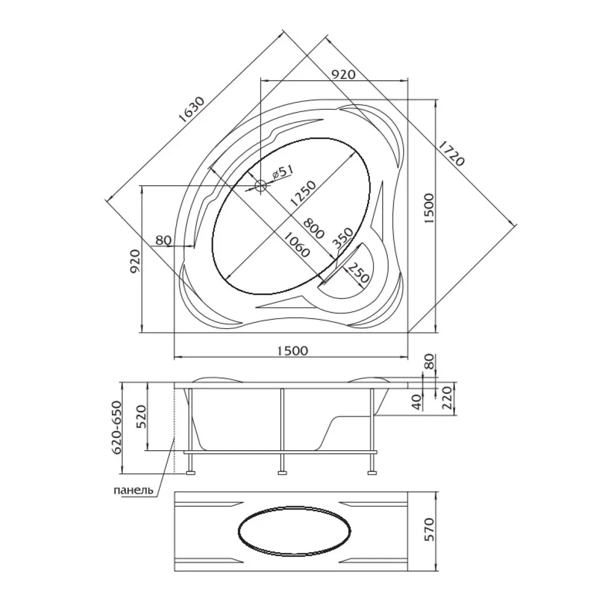 Акриловая ванна 150x150 см 1Marka Palermo 01па1515