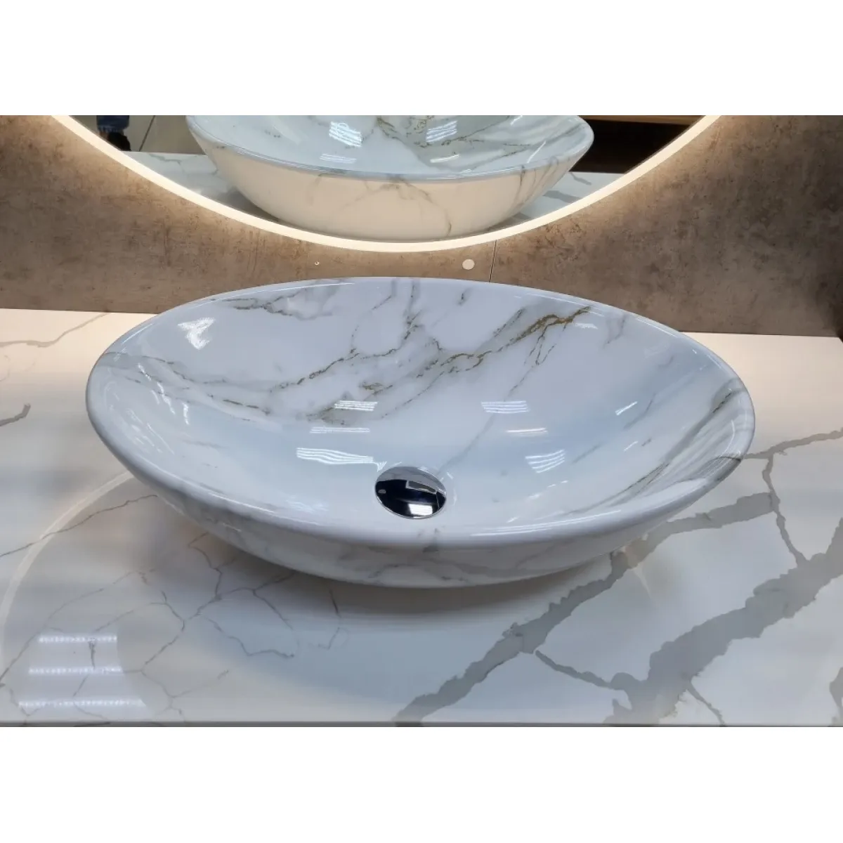 Раковина-чаша CeramaLux D1147-505(340) 52x34 см, накладная, белый мрамор