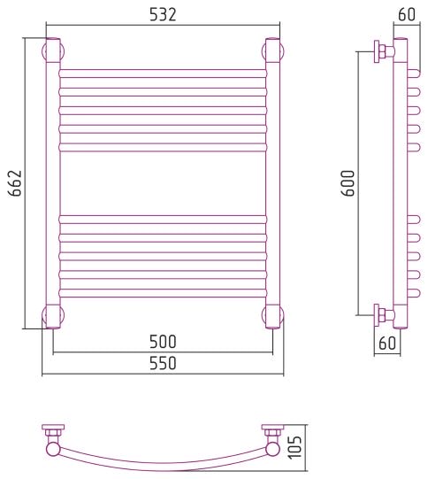 Водяной полотенцесушитель Сунержа Богема+ выгнутая 600х500 3015-0221-6050 светло-розовый