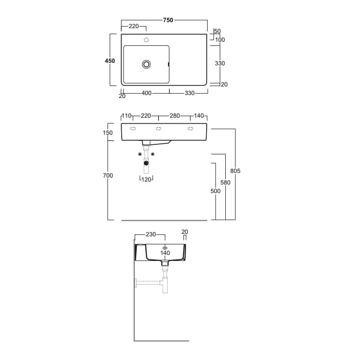 Раковина Simas Top E Lavabi D'Arredo 75 QU75S*1 bi левая