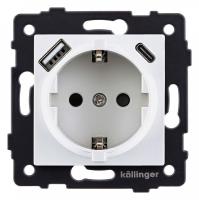 Розетка с заземлением и со шторкой и 2хUSB type A и C, без рамки Kollinger  REA-004WH