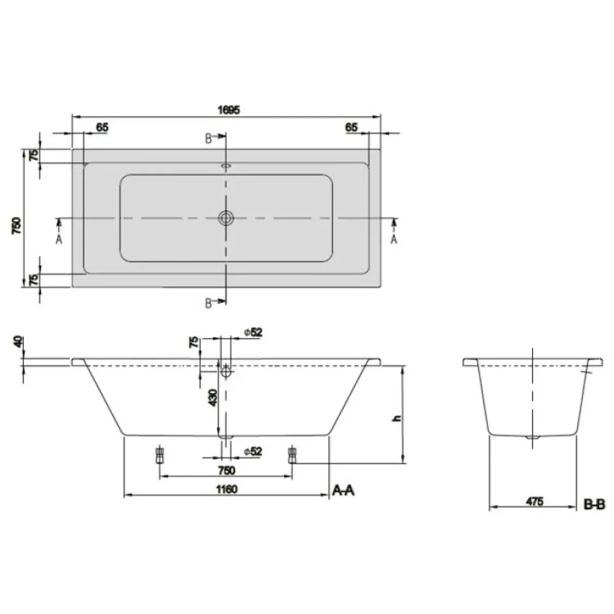 Акриловая ванна 169,5x75 см Villeroy & Boch Targa Plus Duo UBA170NES2V01+U99740000