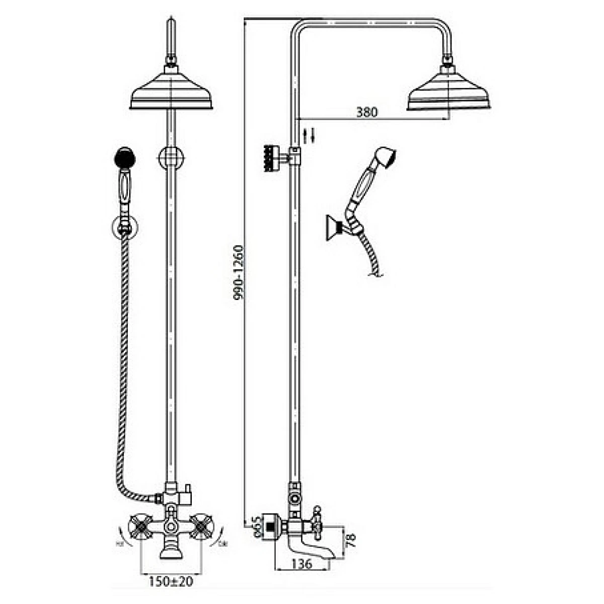 Душевая колонна со смесителем для ванны, верхним и ручным душем золото, ручки золото Cezares Retro RETRO-C-CVD2-03