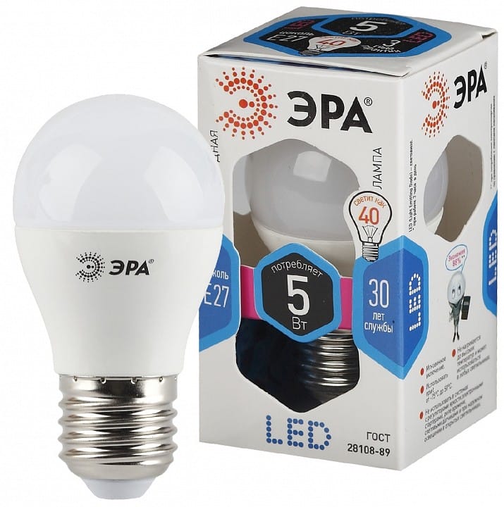 Лампа светодиодная Эра Стандарт E27 5Вт 4000K LED P45-5W-840-E27