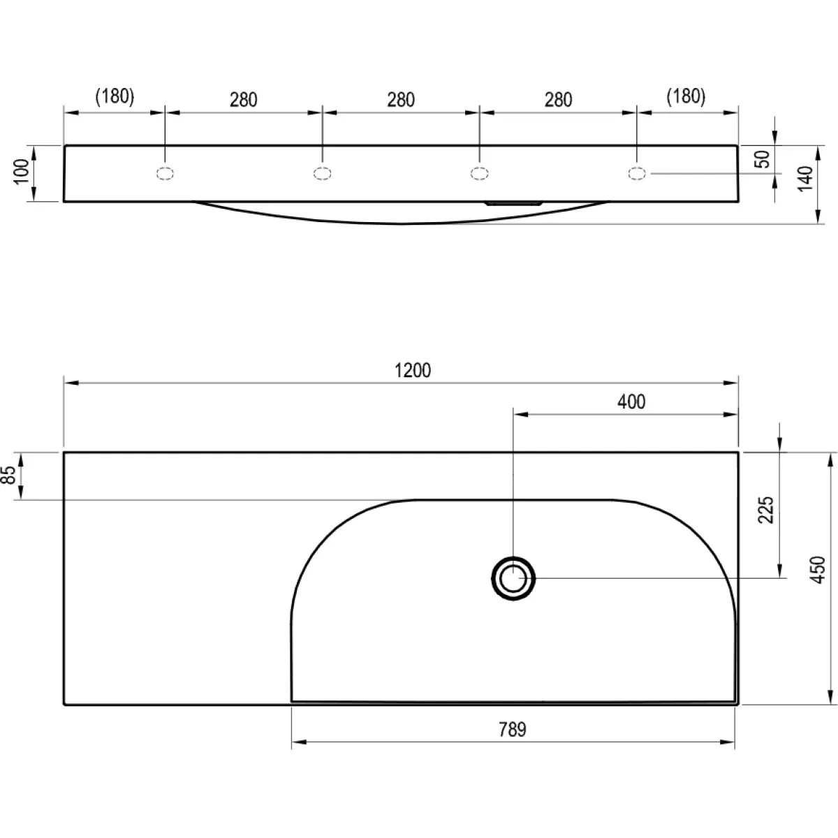 Раковина Ravak Lite XJXL1312000 120x45 см L, накладная, подвесная, белый