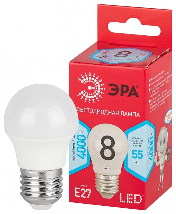 Лампа светодиодная Эра  E27 8Вт 4000K LED P45-8W-840-E27 R