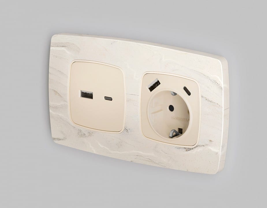 Накладка для розетки с заземлением и со шторками и 2хUSB type A и C Ambrella Volt OMEGA OP3300