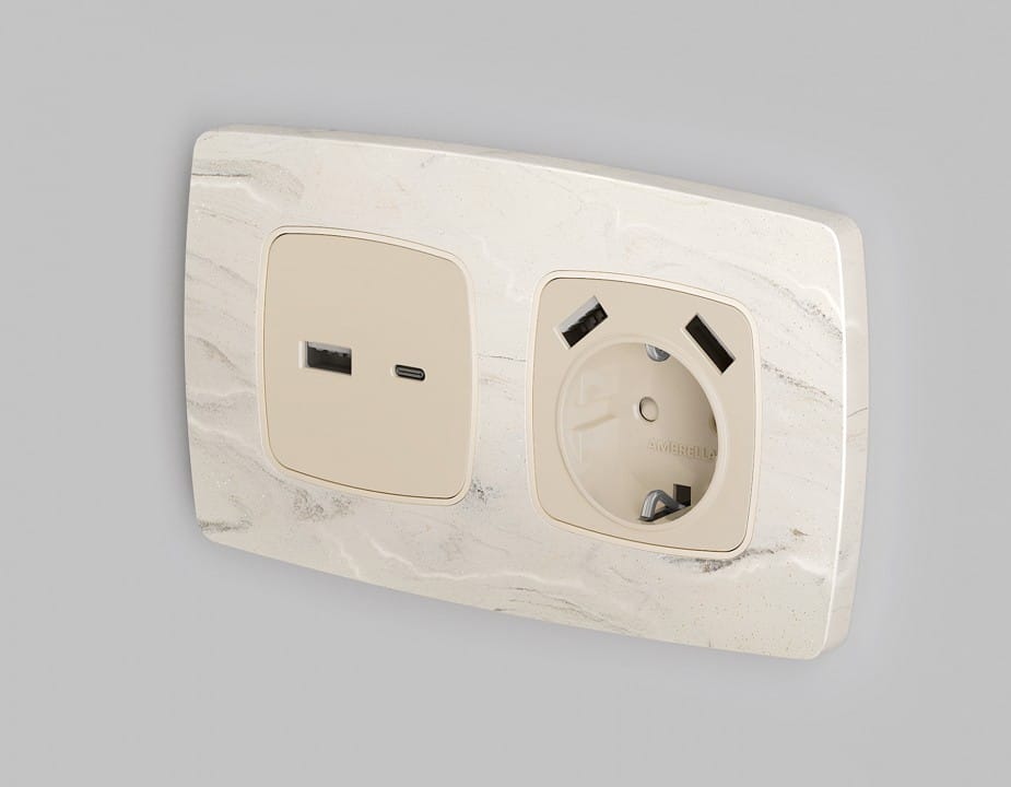 Накладка для розетки с заземлением и со шторками и 2хUSB type A Ambrella Volt OMEGA OP3290